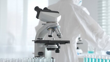 Modern microscopes and test tubes containing blue liquid are arranged on a table in a bright...
