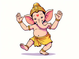 Traditional dancing baby Ganesha with golden crown and ornaments in dynamic pose &ndash; sticker style vector