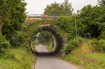 Narrow road passing under a low bridge covered by vegetation