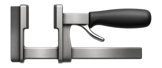 Quick-release clamp with dual rubber pads for protecting delicate surfaces in a carpentry workshop.