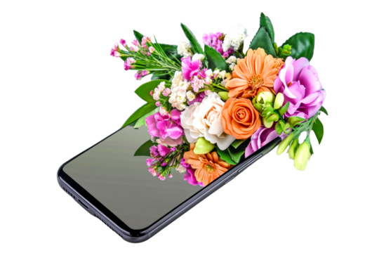 Colorful floral arrangement blooming from mobile phone display, cut out transparent - Powered by Adobe