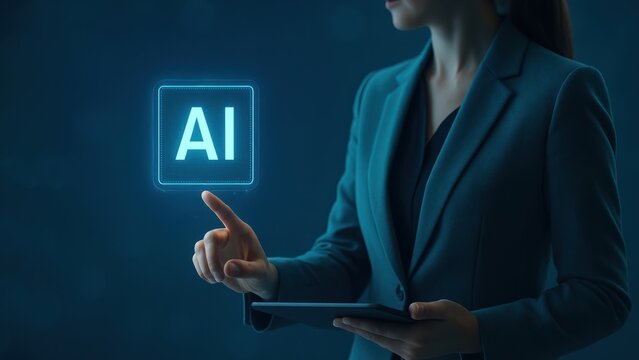 Woman in blazer holding tablet with glowing digital AI panel, in dark blue scene showing confidence, AI Results, and Search Interface interaction