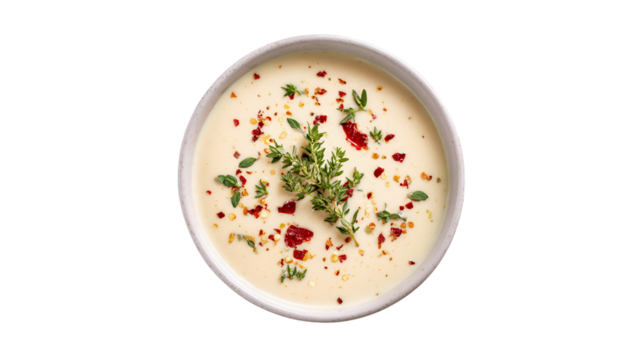 Creamy soup bowl thyme garnish spices delicious food