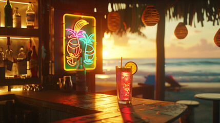 Tropical beach bar at golden hour with neon signs, colorful cocktails, ocean waves, and lens flare. Vibrant summer palette and chill holiday vibe, perfect for ads or social media
