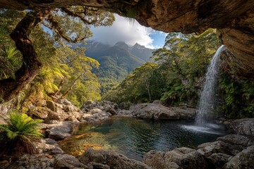 Hidden Waterfall In Lush Forest With Mountain View