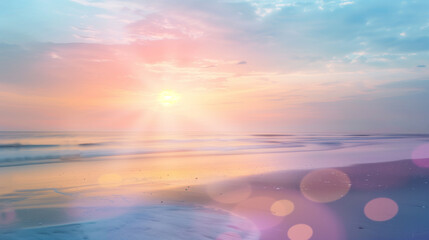 Abstract summer background with blurred beach, sun rays, floating colorful rings, soft waves and gradient sky. Minimal, modern, and perfect for summer ads or digital design
(199 символов)