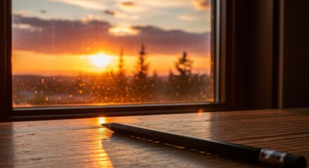 Pen on table reflects golden sunset through window
