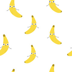 Seamless Cute Banana Pattern. Smiling Cartoon Dancing Fruit on White Background.