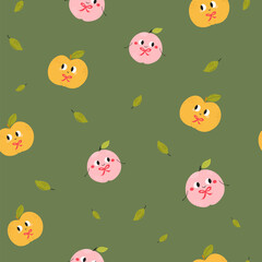 Seamless Cute Peaches, Apples Pattern. Smiling Cartoon Fruit with Leaves on Green Background