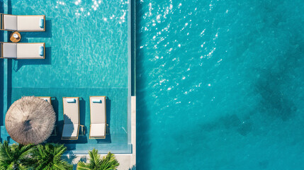 Aerial view of a luxury summer getaway — infinity pool by the ocean, sunbeds, vibrant cocktails, and sleek minimalist design. High-end vacation mood with space for branding