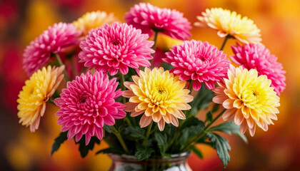 A bouquet of bright pink and yellow chrysanthemums in a glass vase on a warm, blurred background