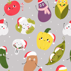 Fototapeta premium Cute Christmas Seamless Pattern with Cartoon Vegetables. Tomato, Eggplant, Corn, Mushroom and More in Santa Hats