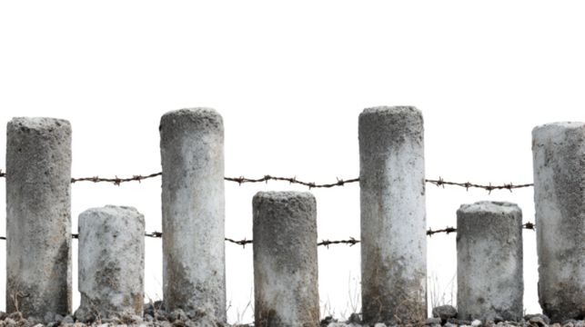 Concrete fence posts barbed wire rustic gray stone wall