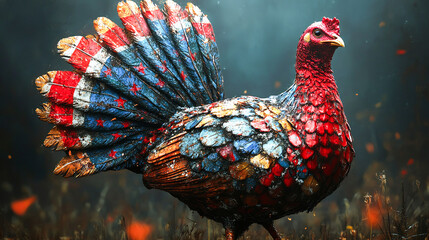 A vibrant, artistic representation of a turkey adorned with patriotic colors, ideal for Thanksgiving promotions, seasonal decorations, and festive marketing materials