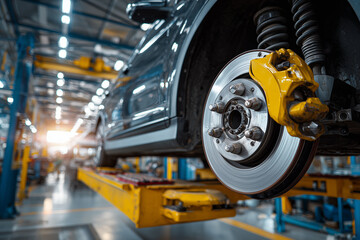 Fototapeta premium Car on jack with exposed brake in service bay