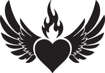 Graphic Heart with Wings and Flame Symbolizing Passion Hope and Inspiration in Bold Silhouette Design