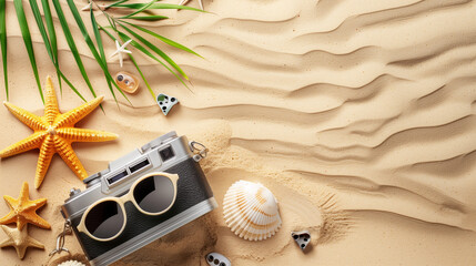 Summer postcard mockup on sand — sunglasses, photo prints, vintage camera, and palm leaf shadows create a relaxed scene with space for text or design overlays