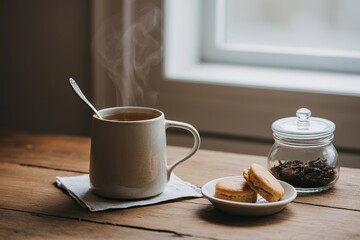simple afternoon tea at home with biscuit and black tea