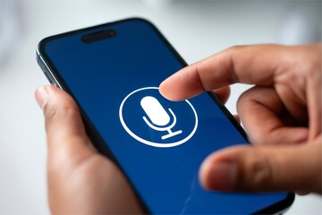 Finger touching voice icon on smartphone screen. Voice assistant and AI