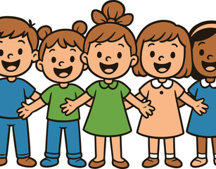 A Cheerful Group of Children Holding Hands in Colorful Outfits Expressing Friendship and Happiness Standing Together Against a White Background