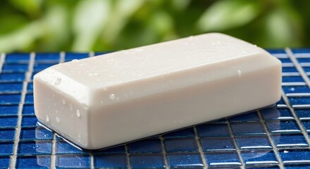 White bar of soap on a blue tiled surface with green foliage background