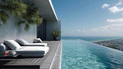 Fototapeta premium Modern rooftop infinity pool with sun loungers, ocean view, clear sky, and tropical plants, creating luxurious and tranquil atmosphere