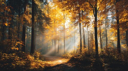 Obraz premium A serene forest pathway illuminated by sunlight streaming through the golden autumn leaves above