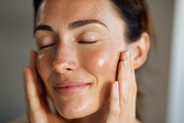 Close-up of a woman enjoying skincare routine with glowing, healthy skin and a serene smile
