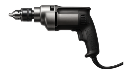 Corded drill with a keyed chuck for precise drilling in a woodworking shop.