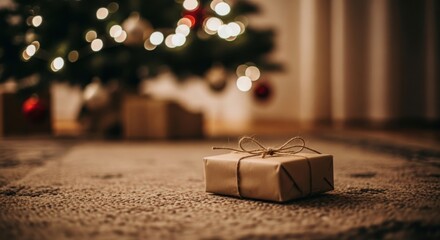 Cozy christmas eve with a single gift under the tree