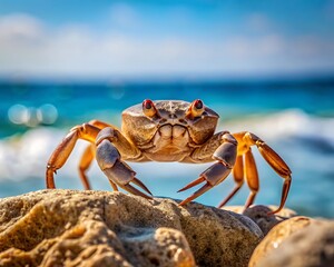 Fototapeta premium A crab stands proudly on a rock at the edge of the ocean