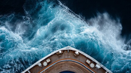 Dynamic view of ocean liner bow and side deck battling rough seas, with powerful waves crashing from behind, highlighting ship strength, turbulent water impact, and maritime resilience.