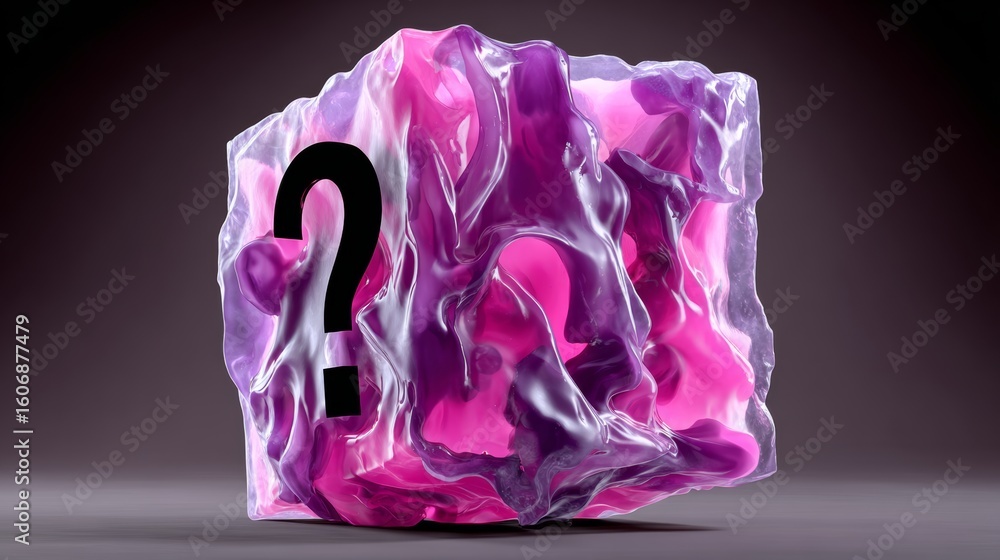Aufkleber pink and purple cube with a black question mark on it. the cube is made of a material that looks lik