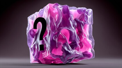 Pink and purple cube with a black question mark on it. The cube is made of a material that looks like plastic or some kind of synthetic material. The image has a futuristic or sci-fi vibe to it