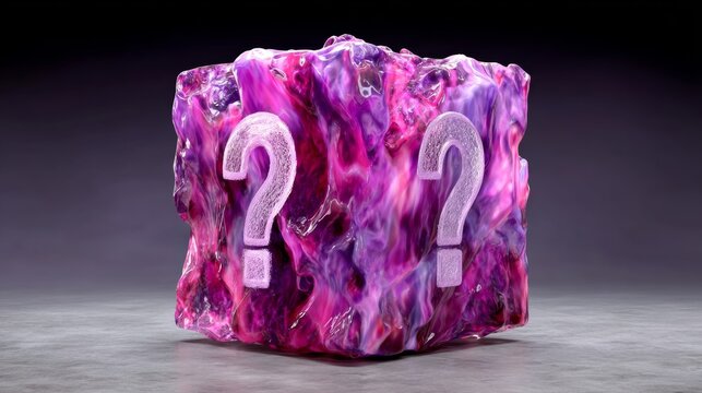 Purple box with two pink question marks on it. The box is made of a strange material and has a mysterious appearance