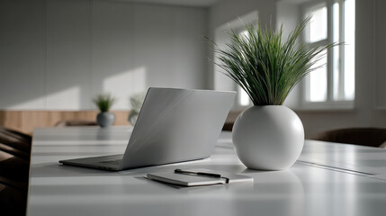 Fototapeta premium Laptop desk notebook pen potted plant sunlight modern office workspace minimal
