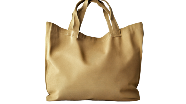 Isolated golden textured canvas tote bag, empty eco shopping sack, cut out transparent