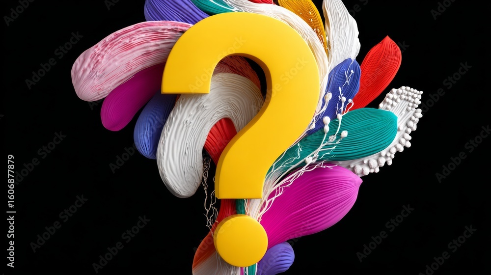 Poster colorful, abstract question mark made of various colored shapes. the image is a creative and playful