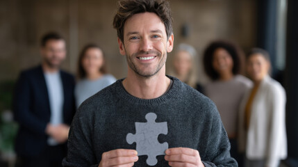 Young Entrepreneur Holding Jigsaw Puzzle in Modern Office Setting