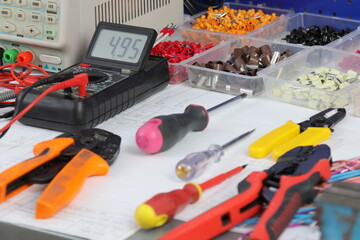 Electrical Installation Tools and Materials for Electrical Switchboard Assembly. Close-up. Soft...