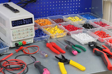 Electrical Installation Tools and Materials for Electrical Switchboard Assembly. Close-up. Soft...