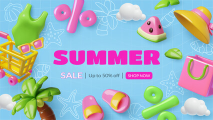 3d Summer season sale banner design with shopping cart, beach wear and percentage sign on blue background. Vector illustrations flat lay.