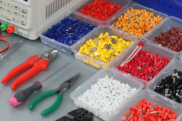 Electrical Installation Tools and Materials for Electrical Switchboard Assembly. Close-up. Soft...