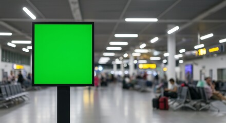 Empty green screen digital display in an airport terminal, blurred people and seating areas in the background.