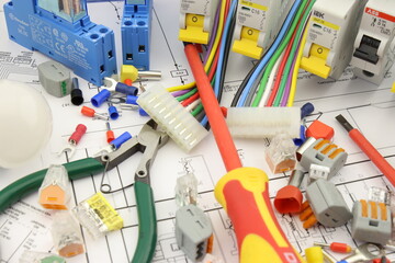 Electrical Installation Tools and Materials for Electrical Switchboard Assembly. Close-up. Soft...