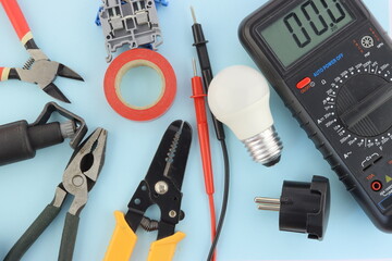 Electrical Installation Tools and Materials for Electrical Switchboard Assembly. Close-up. Soft...