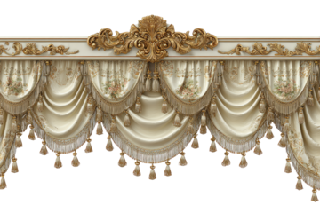 Ornate cream-colored drapes with gold trim and decorative tassels