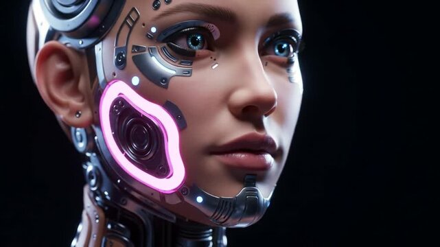 Close-up of a futuristic female cyborg with intricate metallic details and glowing pink accents on her face, set against a dark background.