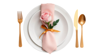 Soft beige and blush minimalist wedding table setting, with fine porcelain plates, cloth napkins, gold cutlery, and a single rose centerpiece isolated on transparent background