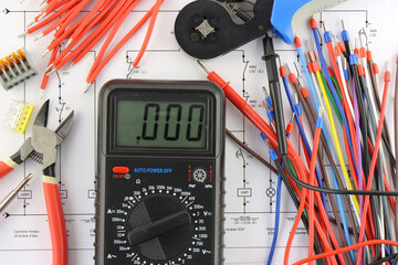 Electrical Installation Tools and Materials for Electrical Switchboard Assembly. Close-up. Soft...